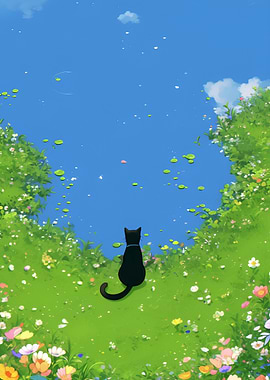 Black Cat by the Pond