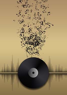 Vinyl Record with Musical Notes and Equalizer Sound Wave