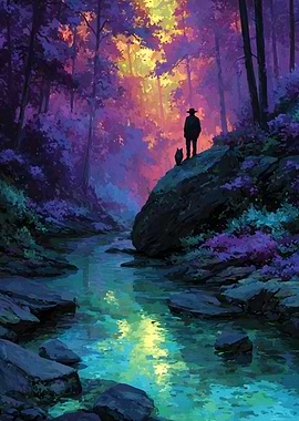 Man and Dog in Magical Forest