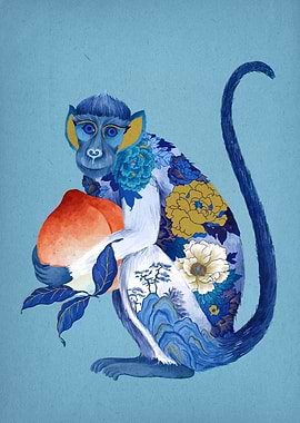 Monkey with Peach Floral Art