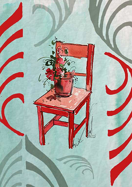 Red Chair with Flowers Watercolor Painting