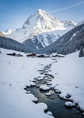Snowy Mountain Landscape with Stream
