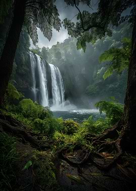 Lush Waterfall in a Green Forest