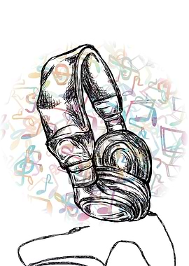 Hand drawn Headphones with Musical Notes Background