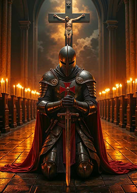 Knight praying in church with his sword