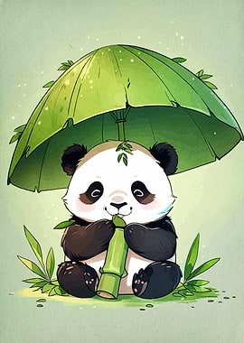 Cute Panda with Bamboo Umbrella