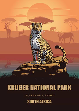 Vintage Kruger National Park Poster , South Africa Safari Leopard Print , Retro Wildlife Art