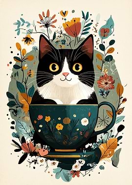 Cat in Teacup Floral Illustration