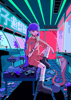 Anime Girl in Arcade with Ice Cream