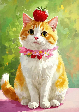 Cat with Strawberry on Head