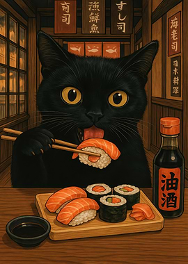 Black Cat Enjoys Sushi Feast