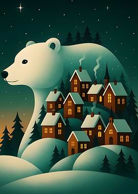 Winter Village in Polar Bear Silhouette