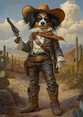 Papillon Dog Cowboy in Desert Landscape Painting | Funny Western Dog Art