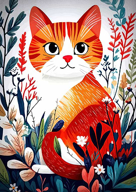Cute Cat in Floral Garden