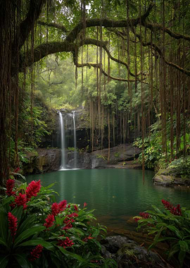 Waterfall with Red Flowers