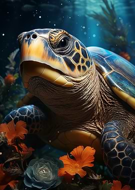 Sea Turtle with Flowers