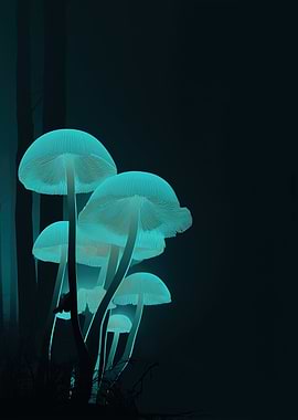 Glowing Mushrooms in Dark Forest