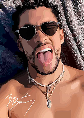 Bad Bunny Portrait with Heart Sunglasses