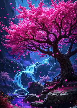 Pink Blossom Tree by Waterfall