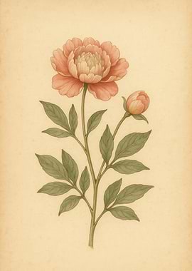 Peony Flower Botanical Illustration