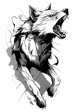 Roaring Wolf Black and White Illustration