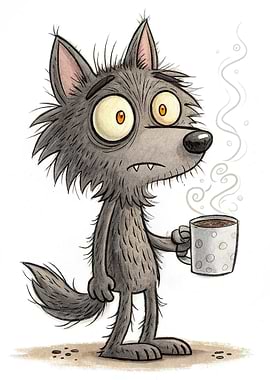 Cartoon Wolf with Coffee