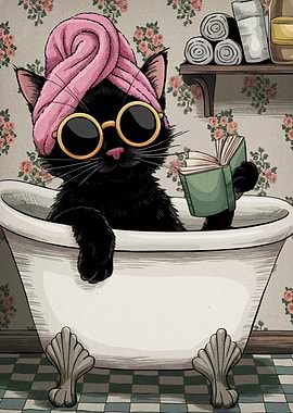 Cat in Bathtub Reading a Book