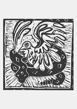 Bird and Snake Woodcut Illustration