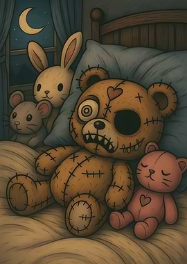 Creepy Stuffed Animals on Bed