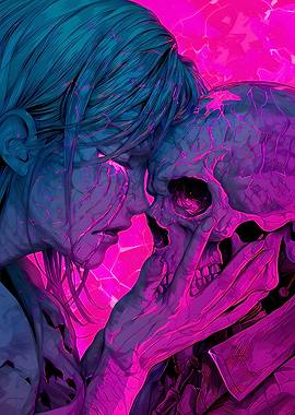 Anime Woman and Skull in Neon Light