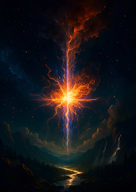 Celestial Beam Over Mountain Landscape