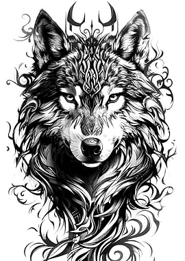 Monochrome Wolf Portrait with Celtic Ornament