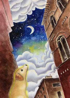 Dog Gazing at Night Sky Painting
