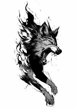 Angry Wolf Black and White Illustration