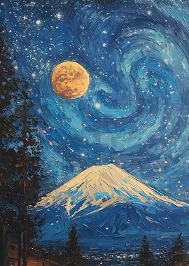 Mount Fuji Starry Night Painting