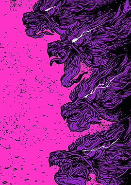 Purple Dragon Heads on Pink Background