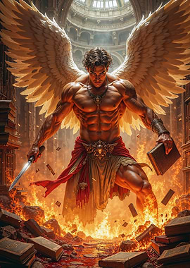 Winged Warrior in Burning Library
