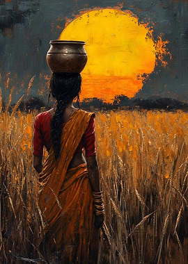 Woman with Pot in Field at Sunset