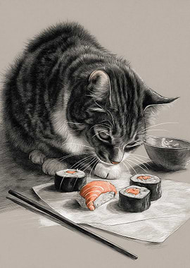 Cat and Sushi Still Life
