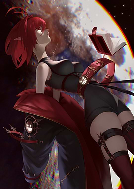 Red-haired woman with book in space