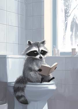 Raccoon Reading on Toilet