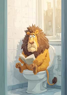 Lion Reading on Toilet Cartoon