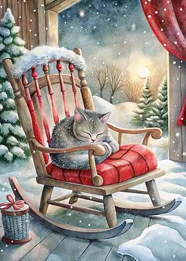 Winter Cat Nap in Rocking Chair