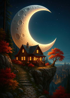 Moonlit Cabin on Cliff Edge