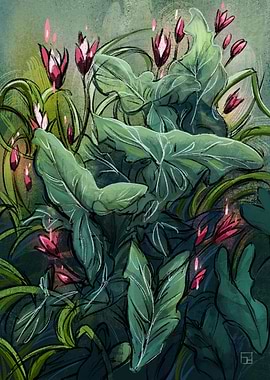 Mythical Leaves and glowing Flowers