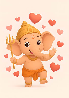 Cute Baby Ganesha Art: Hindu God of Success & Love Hearts