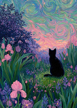 Black Cat in Floral Meadow Painting