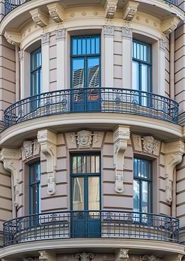 Ornate Building Facade with Balconies. Alberta street 13, Riga, Latvia.