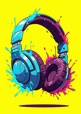 Vibrant Headphones with Splatter Effect Pop Art