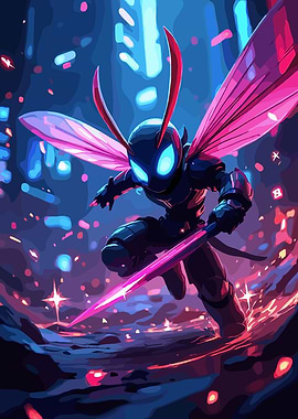 Cyberpunk silksong Insect Warrior with Glowing Sword